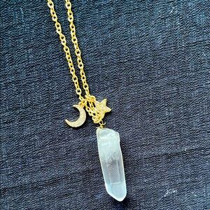 Gold Moon & Star Crystal Pendant Necklace - White Crystal